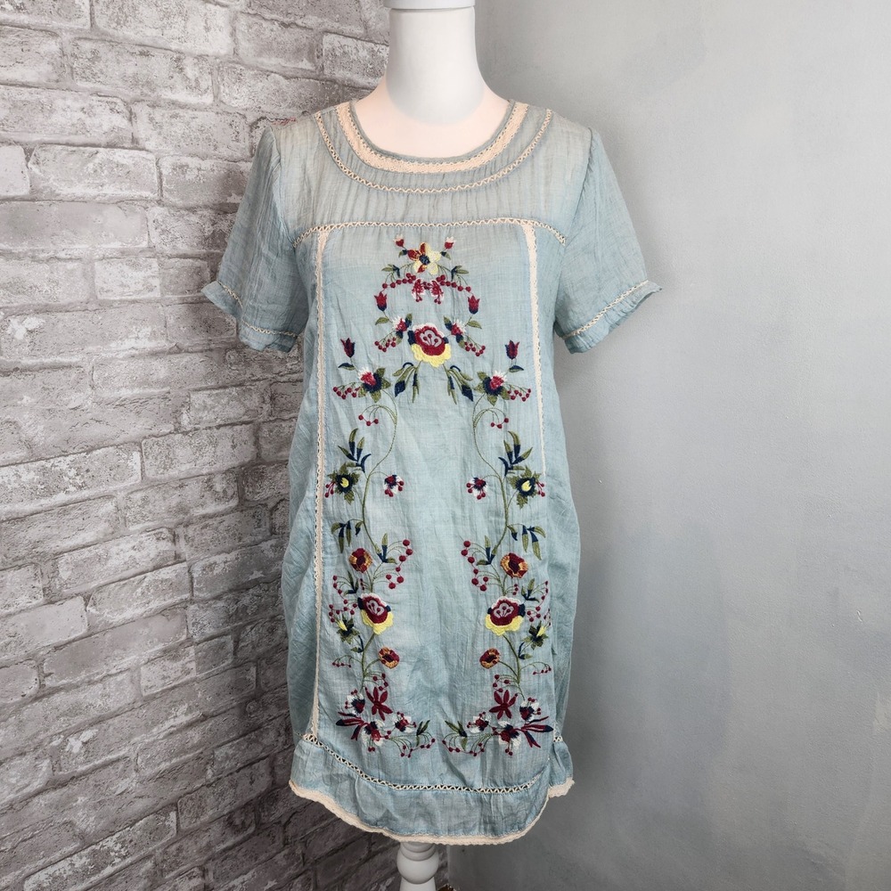 Umgee Dress Embroidered Floral Light Blue Shift‎ Boho Summer Small